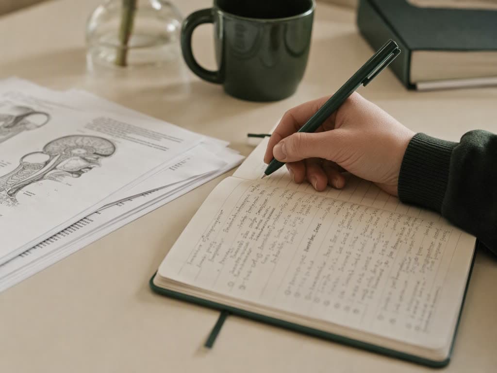 Tangan menulis catatan belajar di buku catatan, disertai lembar cetak gambar anatomi